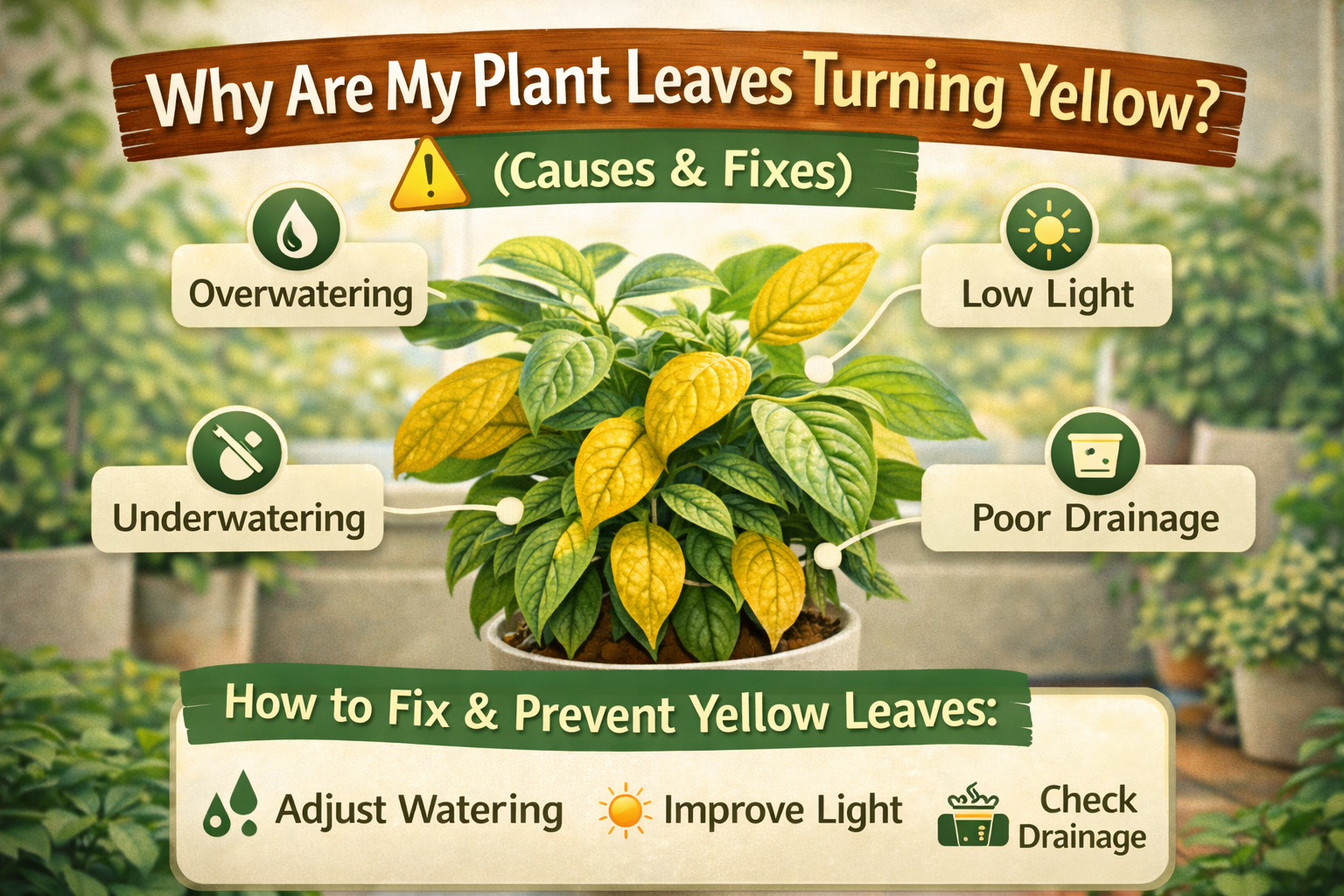 Indoor plant with yellow leaves showing common signs of watering and light problems