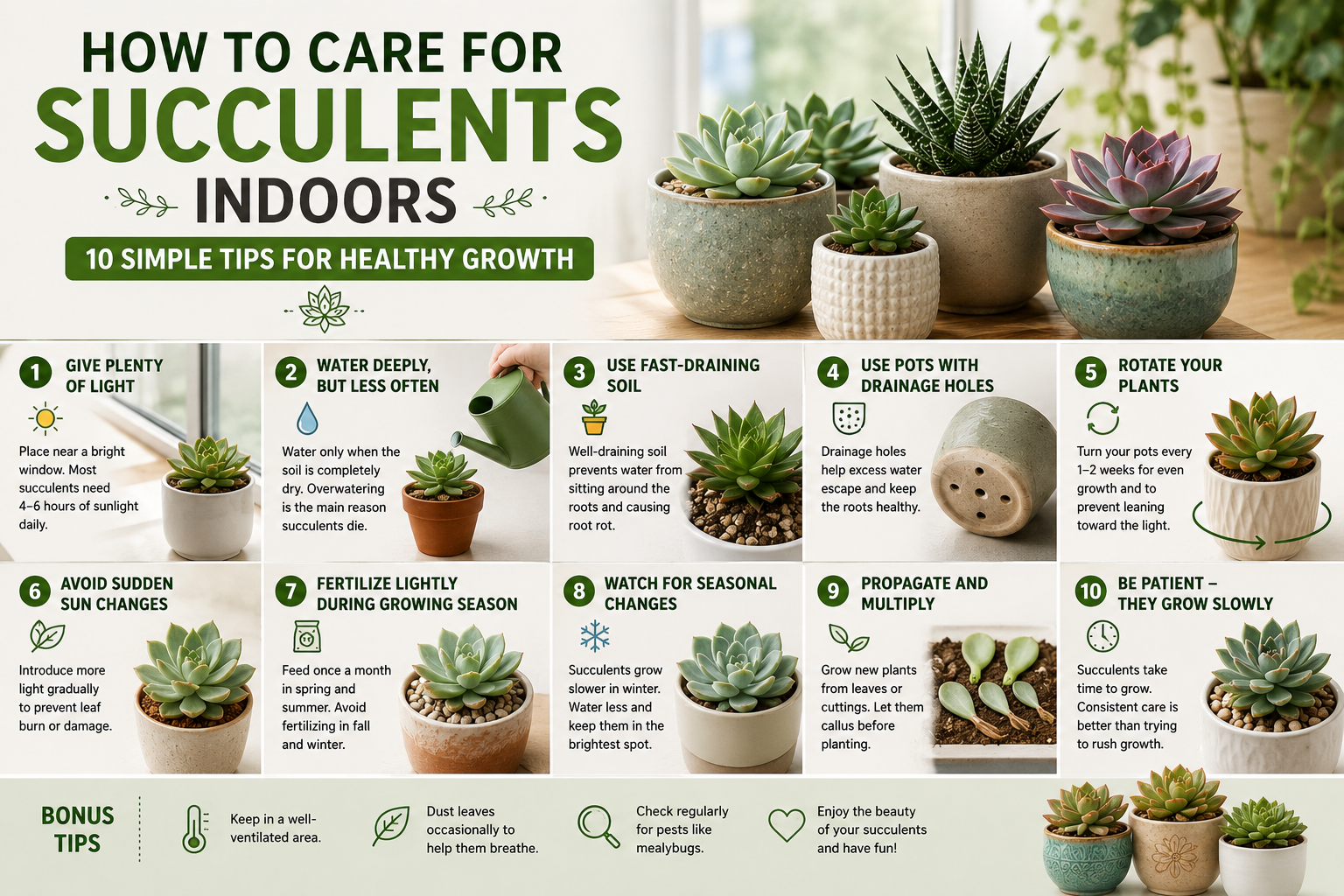 Learn how to care for succulents indoors with 10 simple beginner-friendly tips. Discover proper watering, lighting, soil, and succulent care mistakes to avoid.